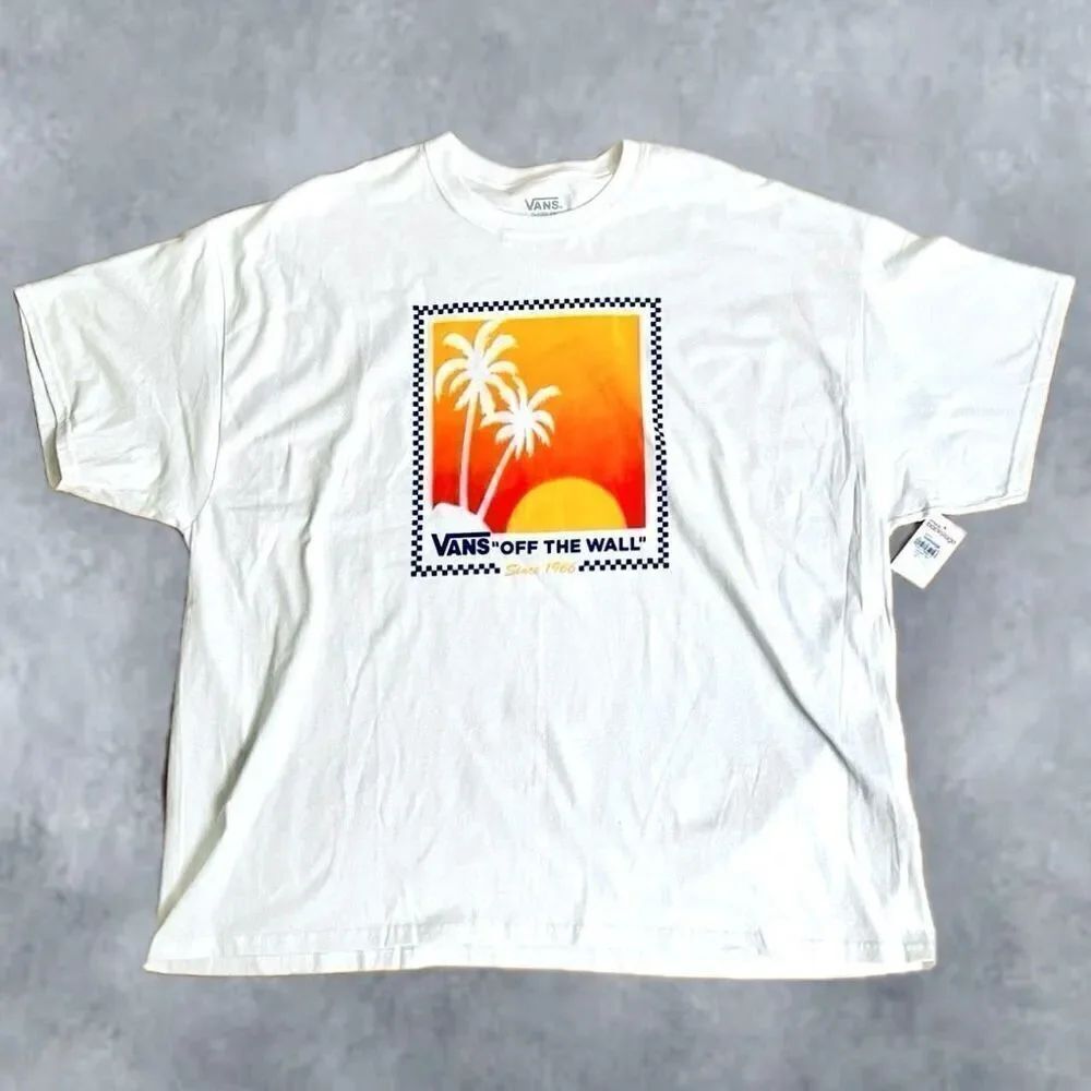 NWT 3XL Vans of the wall Men White Yellow Orange Black Palm trees Sunset T Shirt
